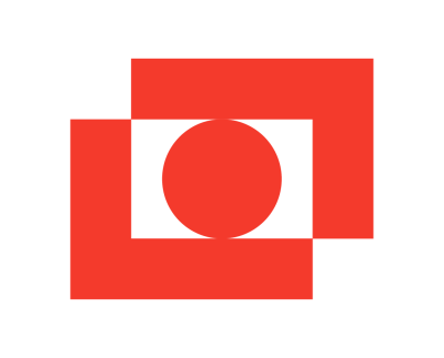 Two red corner shapes with a red circle in the middle