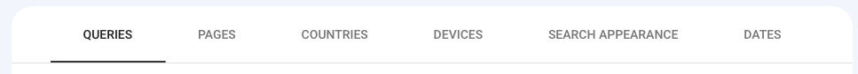 The subnav showing queries, pages, countries, devices, search appearances and dates